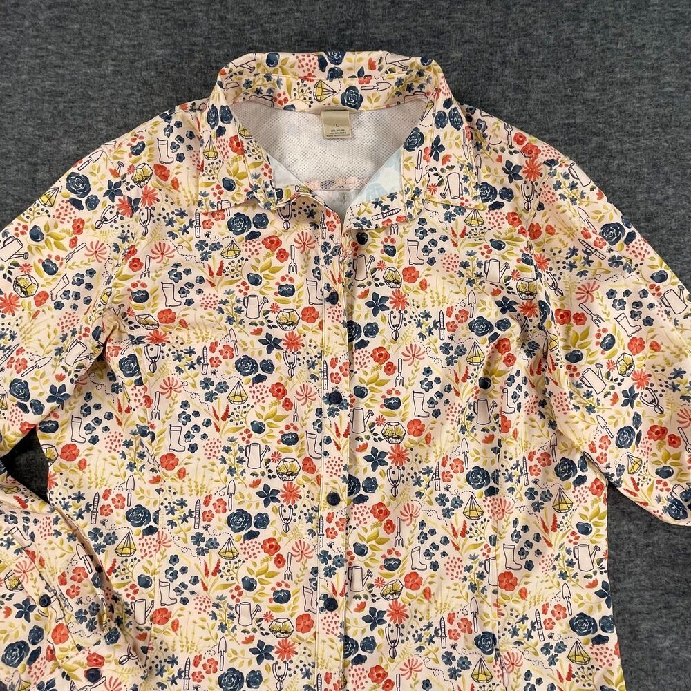 Duluth Trading Co. Garden Tool Print Shirt L Wrinklefighter Roll Tab Cottagecore - Picture 3 of 11